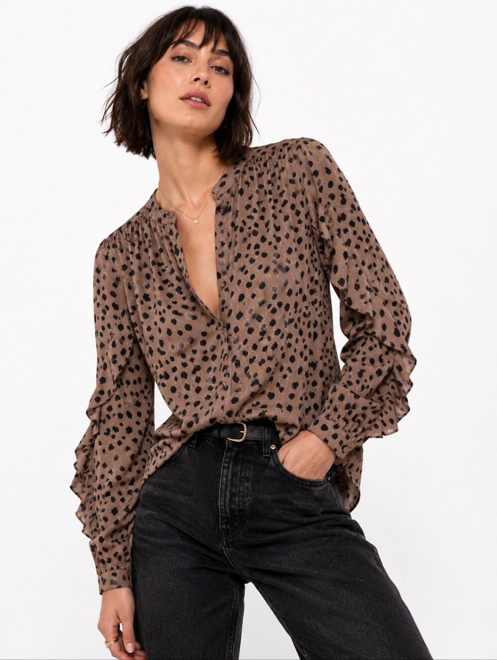 La Vie Rebecca Taylor Animal Print Ruffle Button Blouse XS